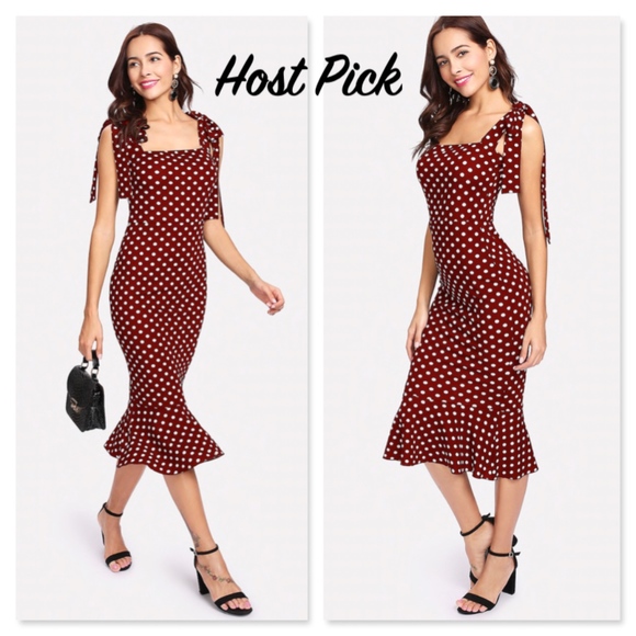 Rouge! Dresses & Skirts - Polka Dot Mermaid Midi Dress Tie Straps Burgundy